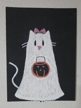 Hand-painted White Ghost Cat Halloween Wall Art with Pink Bow 12 X 9